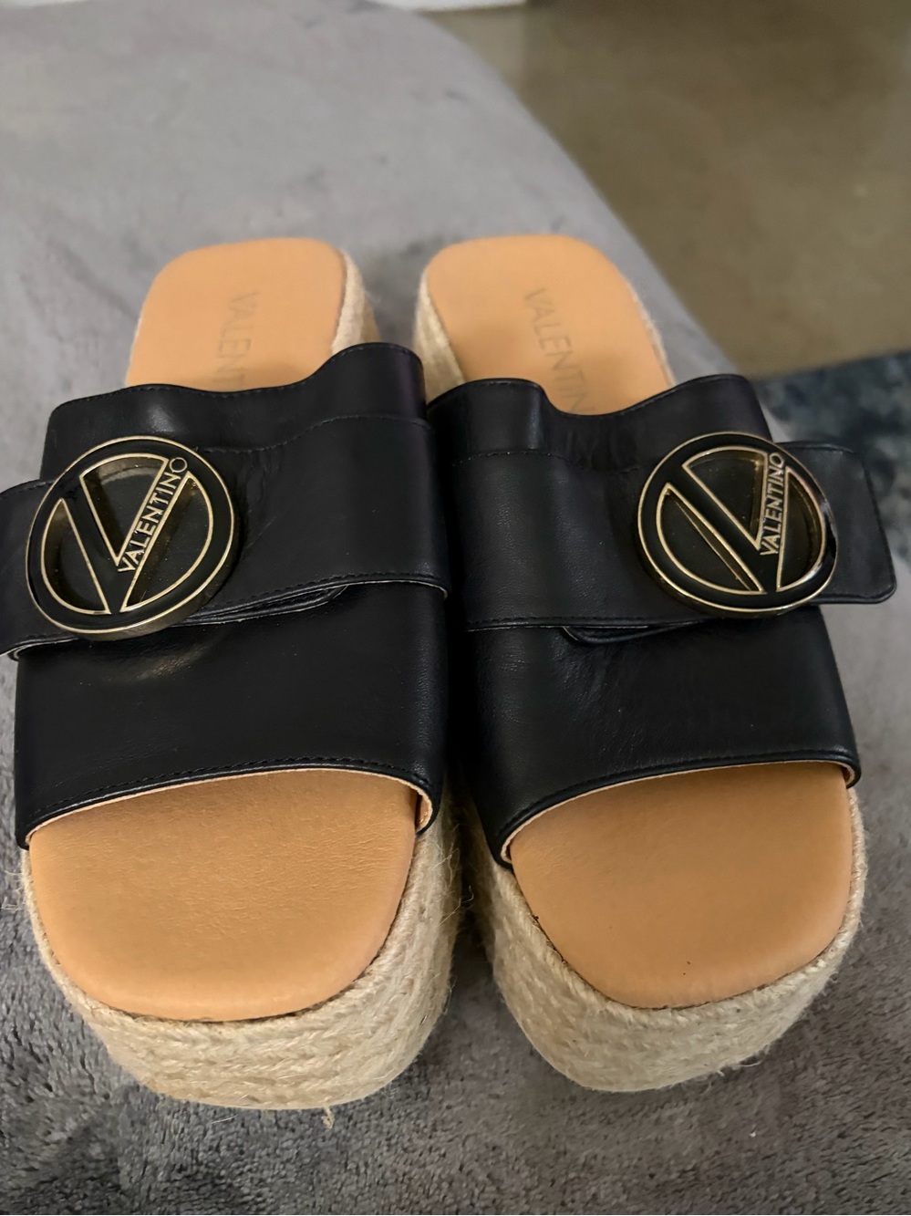 Mario Valentino Black Leather Platform Espadrille Slide with Gold Emblem